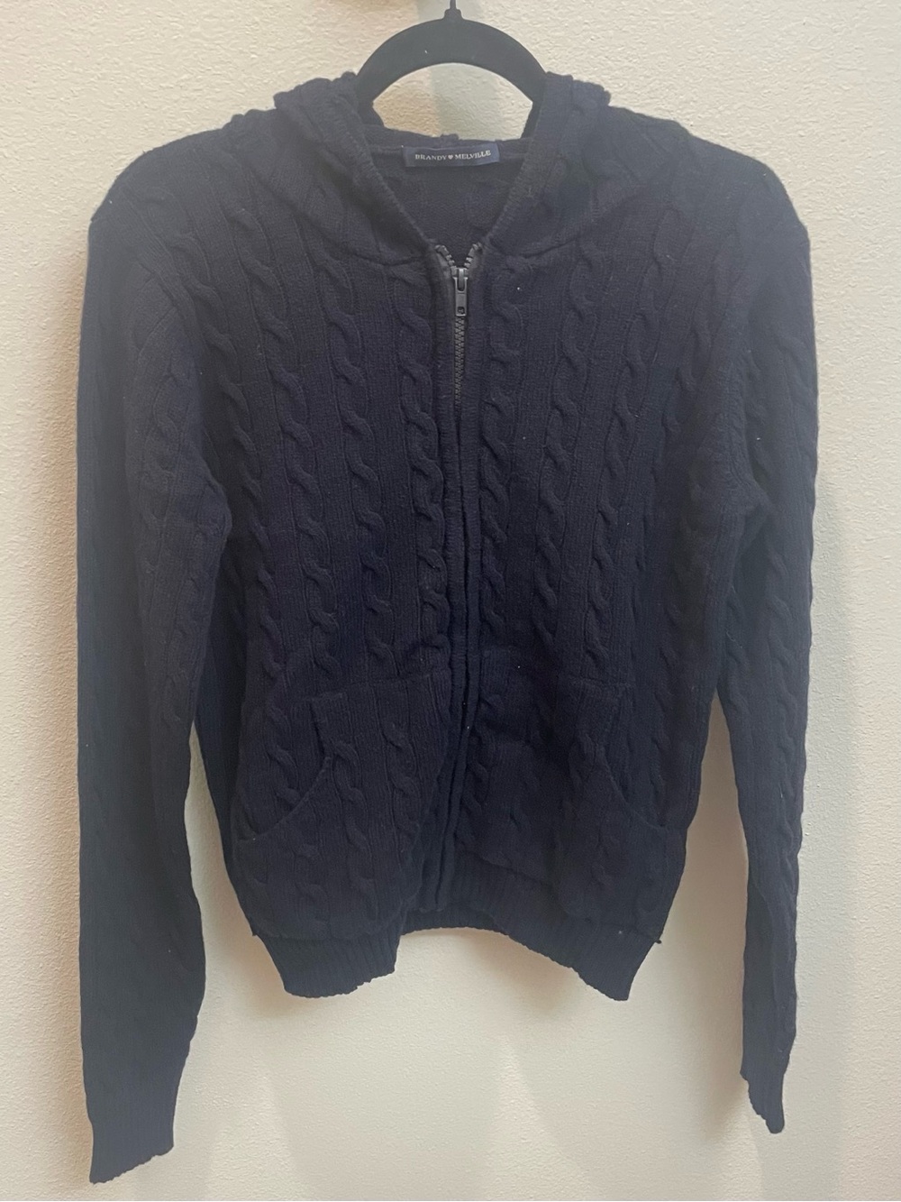 Brandy Melville Preppy Navy Blue Cable-Knit Zip-Up Hooded Sweater